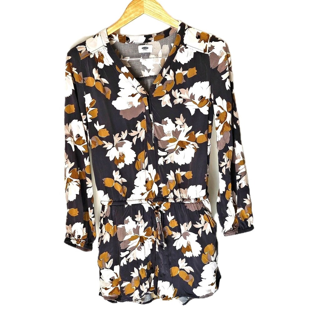 Long Sleeve Rompwe Navy White Brown Floral Womens Retro 90's Y2K SZ SM